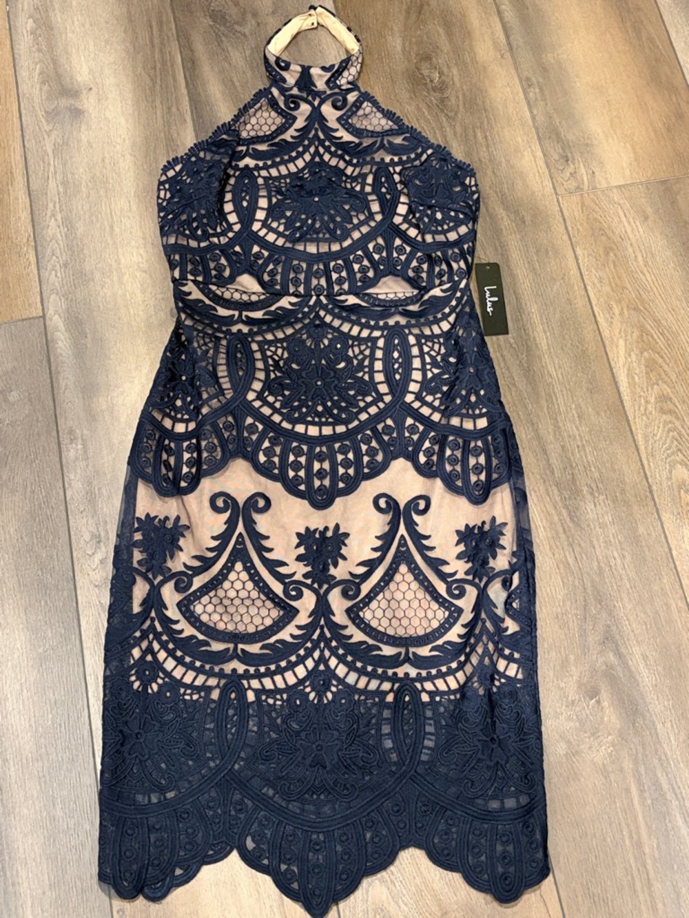 Lulu's Navy Floral Lace Halter Midi Dress